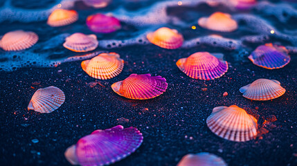 Wall Mural - vibrant neon seashells scattered on a dark beach backdrop.