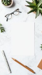 Aufkleber - Blank workspace with green plants, stationery, and glasses on a marble surface inviting creativity and productivity. Generative AI