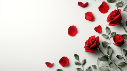 Aufkleber - Red roses and petals arranged elegantly on a white background ideal for special occasions and celebrations. Generative AI