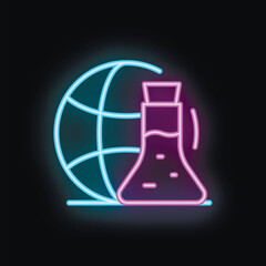 Wall Mural - Neon sign showing a scientific beaker and the earth, symbolizing the global impact of research and development