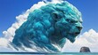 © Vertigo Images - A majestic, cyan-blue lion emerges from the ocean waves, a mythical creature against a bright sky. Fantasy art.