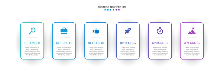 Wall Mural - Horizontal progress bar featuring 6 arrow-shaped elements, symbolizing the six stages of business strategy and progression. Clean timeline infographic design template. Vector for presentation