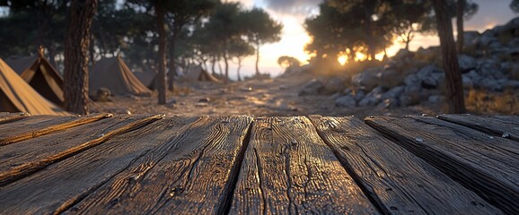 Canvas Print - Wooden planks sunset camp forest