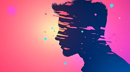 Sticker - Abstract portrait of a man, vibrant pink and blue hues, paint splatter effect.  A modern, stylish design.