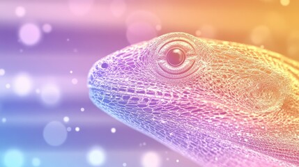 Wall Mural - Close-up of a reptile's head, rendered in vibrant pastel hues against a bokeh background. Intricate details and a dreamy aesthetic.