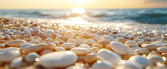 Canvas Print - Sunset beach pebbles, ocean waves, calm background. Summer vacation