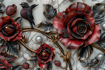 detailed close up of decorative design featuring red roses, intricate gold accents, and bird, set against textured background with pearls and floral motifs