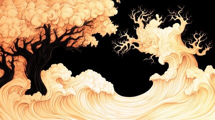 Wall Mural - Whimsical illustration of two stylized trees, one dark and one light, emerging from swirling waves against a black background.  A magical, dreamlike scene.