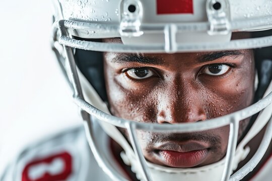 Focused african american male football player in helmet with intense gaze