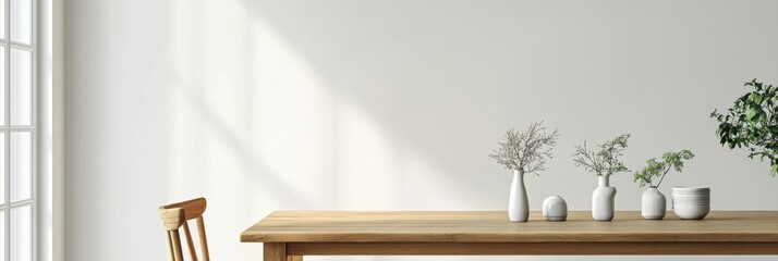 Aufkleber - Modern interior design with wooden table and decorative plants in bright room. Generative AI