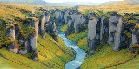 Wall Mural - Majestic Canyon in Iceland with Towering Basalt Cliffs and Serene River View Capturing Natural Beauty, Scenic Landscape, Rugged Terrain, Photography, Travel Destination