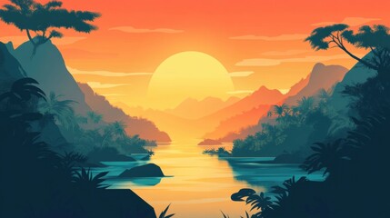 Poster - Serene sunset over a tropical river surrounded by vibrant mountains and lush foliage. Generative AI