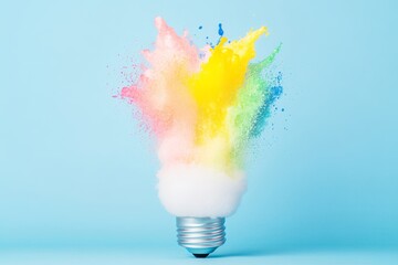 Colorful powder explosion from light bulb against blue background