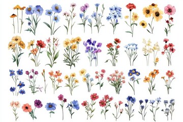 Wall Mural - An extensive hand-drawn collection of wild flowers, twigs, leaves, herbs, and other elements in a modern, colorful style. All pieces are isolated, making them perfect for your unique designs