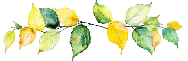 Wall Mural - Seamless watercolor autumn border with green and yellow leaves, hand-drawn and isolated on white. Great for Halloween, sticker cards, wallpapers, sketchbooks, and creative backgrounds with forest