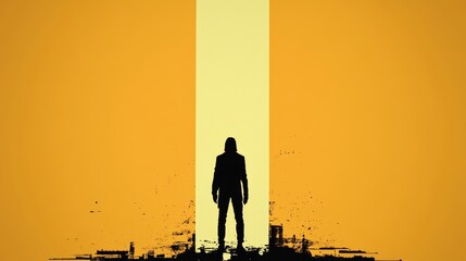 Wall Mural - Silhouette of a man standing in a bright yellow corridor, contemplating his future.