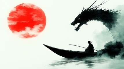 Sticker - Silhouette of a lone figure in a small boat, confronting a large dragon against a red sun.