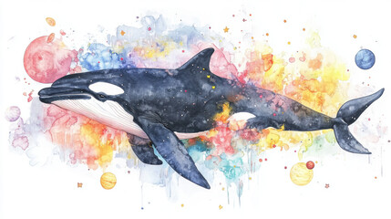 Wall Mural - killer whale, watercolor, A dreamy painting of a killer whale with celestial elements, high fidelity image for artistic use.