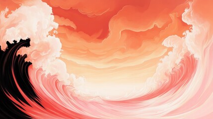 Wall Mural - Abstract art depicting a powerful wave crashing, with coral and peach hues against a soft, orange sky.  A mesmerizing digital illustration.