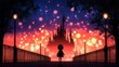 © Vertigo Images - A young girl stands silhouetted against a magical castle backdrop, illuminated by warm, glowing lights. Dreamy atmosphere.