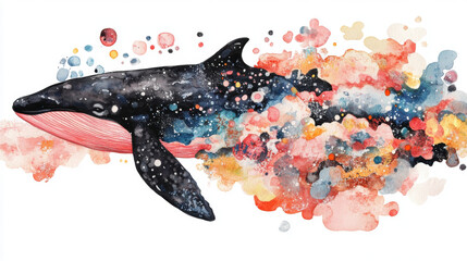 Wall Mural - killer whale, watercolor, A stunning abstract image of a killer whale swimming, featuring vibrant colors and high fidelity quality.