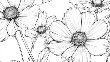 A vintage botanical illustration in a hand-drawn black and white style, created with one continuous line art