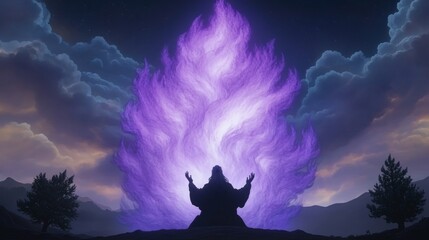 Poster - Silhouette of a person before a mystical purple flame, set against a dramatic twilight sky.