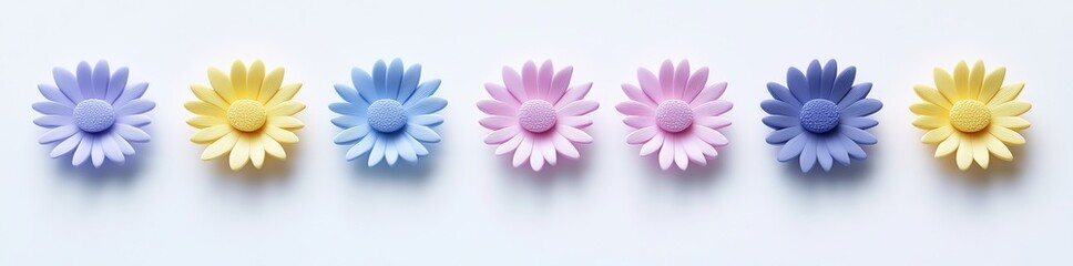 Wall Mural - A top-view render of delightful plastic 3D flowers with pastel petals. A set of abstract plasticine bubble blooms for spring or summer, illustrated. Soft, puffy, seasonal floral design elements