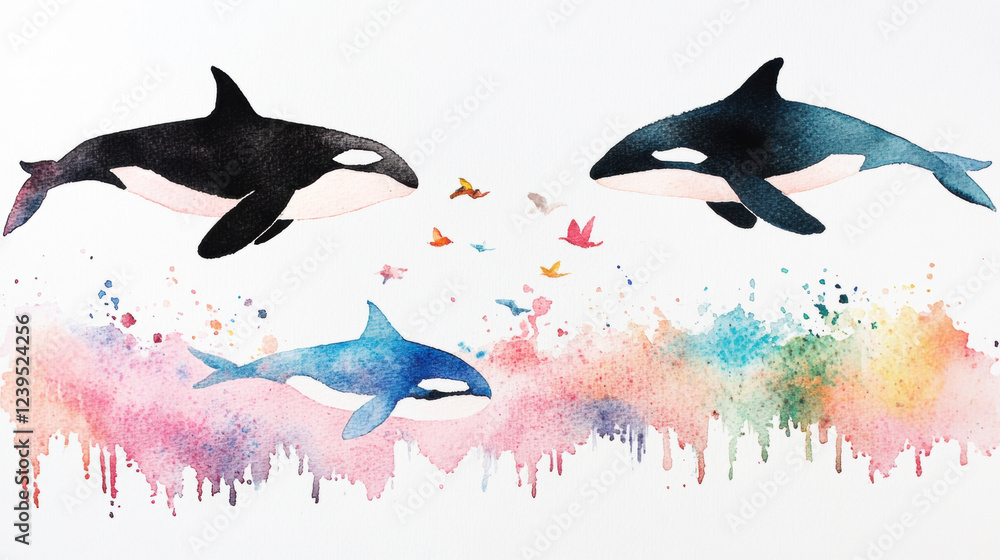 killer whale, watercolor, A pod of killer whales playfully interacting ...