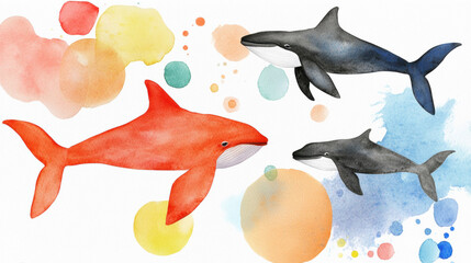 Sticker - killer whale, watercolor, A dreamy painting of a pod of killer whales in high fidelity, ideal for artistic and wildlife-themed projects.