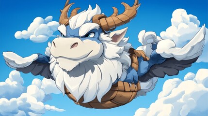 Canvas Print - A whimsical blue and white winged creature soars through a vibrant blue sky, fluffy clouds surrounding it.