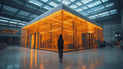 Wall Mural - A person stands before a glowing orange structure in a modern industrial setting, showcasing technology