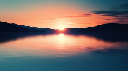 Aufkleber - Sunset over a calm lake with mountains in the background and vibrant sky colors reflecting on the waters surface. Generative AI