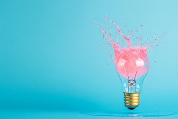 Wall Mural - Pink splash inside light bulb against blue background