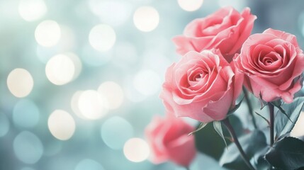 Aufkleber - Beautiful pink roses with blurred sparkling background in soft light during springtime celebrations. Generative AI