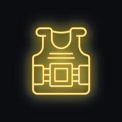 Wall Mural - Bright neon icon of a bulletproof vest is glowing on a dark background, symbolizing safety and protection