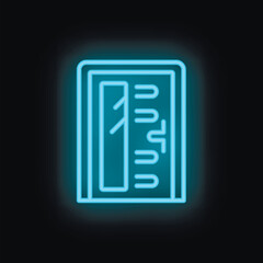 Poster - Blue neon icon of elevator doors, illuminating concept of going up on black background