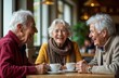 © miss irine - Elderly friends laugh, chat over coffee at cafe. Enjoy moment of joy, connection in comfortable setting. Friendship, social interactions important aspects of retirement. Heartwarming indoor scene.