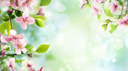 Poster - Beautiful pink blossoms with green leaves in a soft light background during spring season. Generative AI