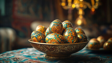 Traditional Nowruz Celebration. Beautifully Arranged Ornate Eggs in a Decorative Bowl Concept of Persian Culture, Festive Traditions, and Cultural Heritage