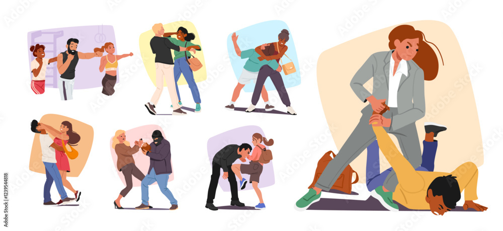 Women cartoon characters learning self-defense techniques fighting ...