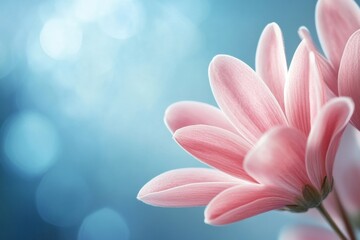 Poster - Soft pink flower petals gently illuminated against a blue background with bokeh highlights in a tranquil natural setting. Generative AI