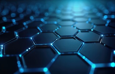 Aufkleber - Abstract digital hexagon pattern. Futuristic design. Modern tech background. Blue light shining on dark surface. Geometric shape. Interconnected elements. Concept for innovation, tech. Modern