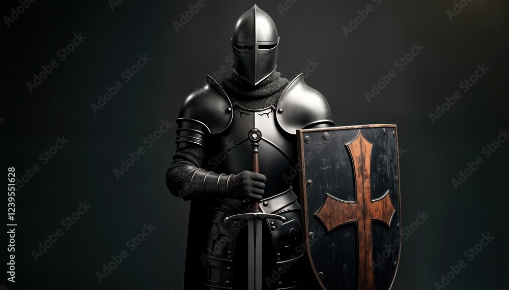 Medieval warrior in full black armor. Knight holds sword and shield ...