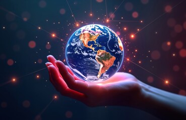 Fototapete - Hand holds glowing earth globe. Global network connects with futuristic tech. Innovation, communication technology. Global connections. Modern concept metaverse tech. Data exchange on interface.