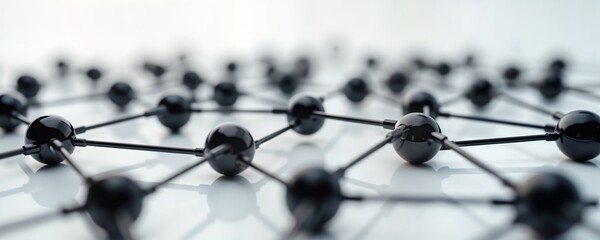 Fototapete - Abstract black spheres form complex network structure. Connections between nodes suggest communication system. Futuristic digital design resembles tech innovation. Complex interplay of elements