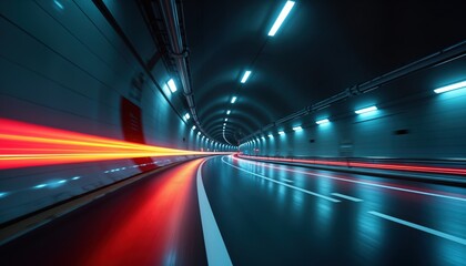 Poster - Modern urban transportation concept inside futuristic tunnel. Speeding light trails blur in motion. Pathway illuminated by neon glow. Sleek architecture, high tech infrastructure. Dynamic perspective