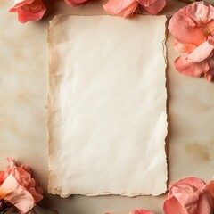 Poster - Blank aged paper surrounded by pink flowers on a textured surface in soft natural light. Generative AI