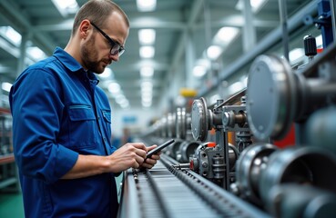 Technician checks industrial machine. Man in blue uniform uses smartphone at production facility. Examines equipment, performs calibration. Tech specialist analyzes devices at workplace. Modern