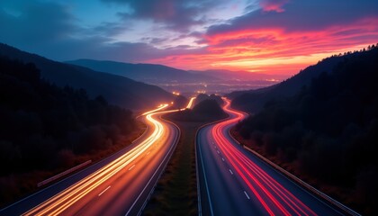 Poster - Highway at dusk dawn with long exposure light trails. Cars moving fast. City lights in valley below. Mountains in background. Beautiful colors. Dynamic urban landscape. Traffic flows through winding